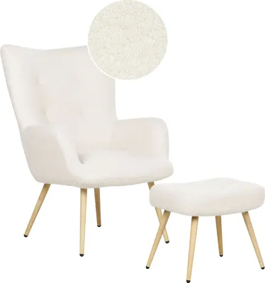 Produktbild von BELIANI Ohrensessel mit Hocker Cremeweiß Stoffbezug Bouclé Gesteppt Teddy-Optik Metallbeine Wohnzimmer Schlafzimmer Sessel Polstersessel Armsessel