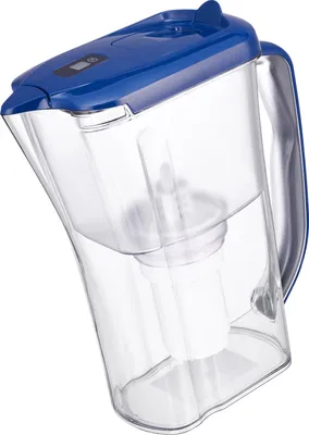 A clear studio shot of a water filter pitcher.