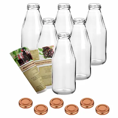 Produktbild von gouveo 6er Set Saftflasche 500 ml mit Schraub-Deckel bronzefarben - Kleine Glasflasche 0,5 l mit TO43 Verschluss - Leere Flasche zum Befüllen für Küche und Haushalt