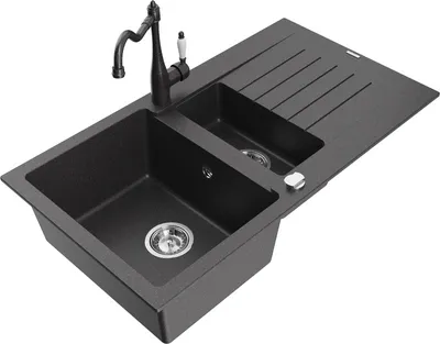 Produktbild von Mexen Matias 1,5-Becken-Granitspüle mit Abtropffläche und Mischbatterie Carla, Schwarz gesprenkelt - 6502-76-670700-76