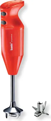 A red Bamix hand blender and its detachable blade are shown against a white background.