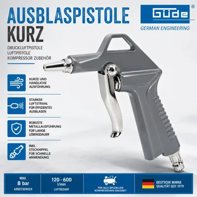 Produktbild von GÜDE Ausblaspistole KURZ Druckluftpistole Luftpistole Kompressor Zubehör, KI-generiertes Bild