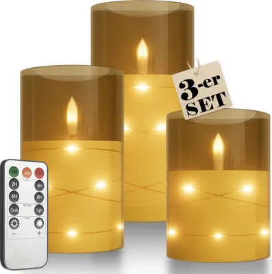 Image de UISEBRT Set de 3 bougies LED avec guirlande lumineuse, sans flamme, télécommande & minuterie, bougies à tige, salon, décoration de table, décoration de salle de bain, or