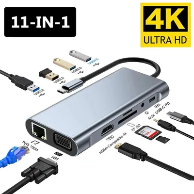 Image de "Station d'accueil 11-en-1 avec hub USB-C - HDMI 4K - VGA - 3 ports USB 3.0 - SD et microSD - mini-jack - Ethernet 100 Mb/s - Power Delivery - adaptateur USB"