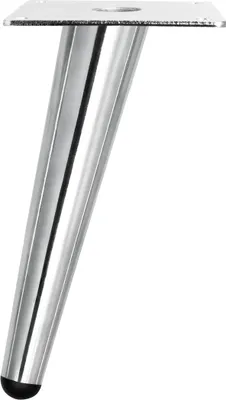 A single metal furniture leg with a silver finish and a black rubber foot.