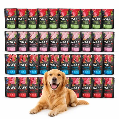 Zdjęcie produktu dla RAFI Karma Mokra dla Psów 40 × 300 g w saszetkach – Mix 4 Smaków, Saszetki: Jagnięcina, Wołowina, Indyk, Dziczyzna, productTiles.product.images.aiGenerated