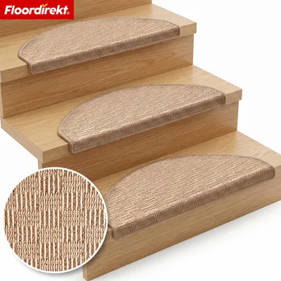 Zdjęcie produktu dla Mata schodowa Floordirekt Monaco, półokrągła mata ochronna na schody, dźwiękochłonna, samoprzylepna i wytrzymała, beżowa, zestaw 15 sztuk