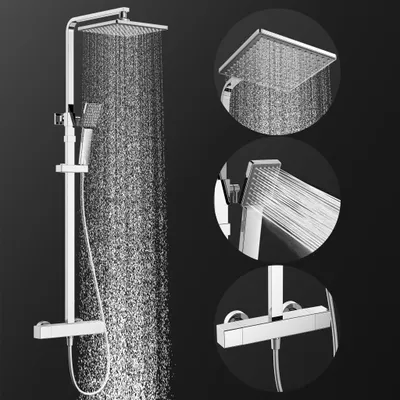 Zdjęcie produktu dla System prysznicowy Homelody z termostatem, deszczownica, kwadratowa kolumna prysznicowa, chromowany zestaw prysznicowy, słuchawka prysznicowa, deszczownica, deszczownica do kabiny prysznicowej