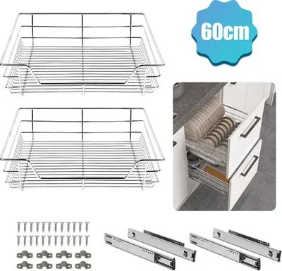Zdjęcie produktu dla Yakimz 4X szuflada kuchenna szafka wysuwany kosz wysuwana szuflada teleskopowa wstępnie zmontowana chromowana srebrna 60CM