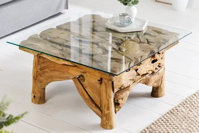 Image de riess-ambiente Table basse de style marin RIVERSIDE 80 cm, teck massif naturel, plateau en verre, table d'appoint