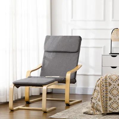 Image de Ensemble de fauteuil avec repose-pied, aspect lin, structure en bois massif, repose-tête, dimensions : 66,5 x 80 x 99 cm, couleur : gris et naturel