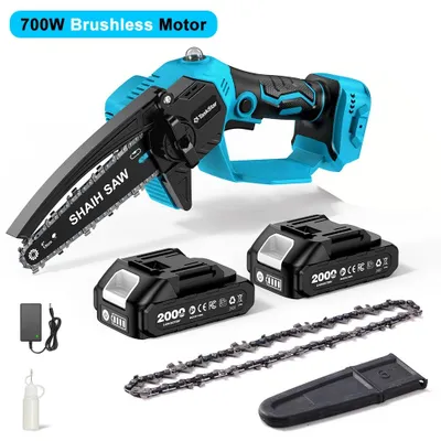 Produktbild von Akku-Astsäge - 15 cm Mini-Kettensäge - Bürstenloser Motor - Manuelle Schmierung - 2 x 2000-mAh-Akkus - EU-Stecker
