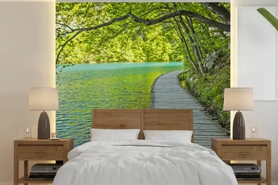 Produktbild von MuchoWow® Fototapete für Wohnzimmer oder Schlafzimmer Wandtapete Vinyl Motivtapete Uferstraße im Nationalpark Plitvicer Seen - 280x280 cm - Hintergrundbild