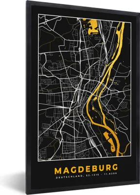 Produktbild von MuchoWow® Gerahmtes Poster Madgeburg - Gold - Karte - Stadtplan - Deutschland 60x90 cm - Poster mit Schwarzem Bilderrahmen Wandposter Rahmen Foto Bilder - Kunst