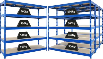 Produktbild von Mega Deal | 4x Profi Schwerlastregal Rhino | HxBxT 200x200x60cm | 5 Spanplatten-Ebenen 8mm | Fachlast 500kg | Blau
