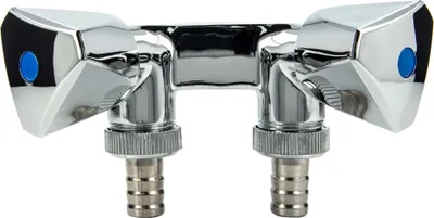 A chrome-plated double device valve with two outlets and hose connectors.