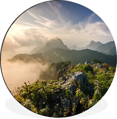 Produktbild von MuchoWow® Aluminium Wandkreis Berg im Nebel Ø 60 cm Wanddeko Modern Wohnzimmer - Wand Kreis - Wandbild - Schlafzimmer - Aluminium Bild - Kinderzimmer - Wohnzimmer Dekoration - Wandschmuck