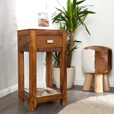 Produktbild von cagü: Design Beistelltisch [SATNA] Sheesham massiv Holz mit Schublade 70cm x 30cm