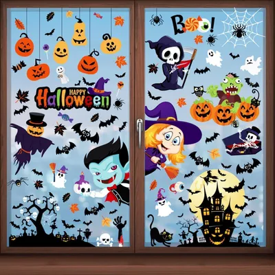 Zdjęcie produktu dla Zestaw naklejek okiennych na Halloween, wielokrotnego użytku, wykonanych z PVC, dwustronne, 9 arkuszy