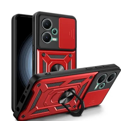 A red and black phone case with a camera protector and a ring stand, shown from multiple angles.