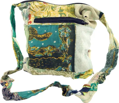 Produktbild von Boho Schultertasche, Patchwork Tasche - Grün, Uni - Erwachsene, Baumwolle, 25*23*15 cm, Alternative Umhängetasche, Handtasche aus Stoff