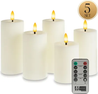 Immagine prodotto di Set di 5 candele LED Meisterhome® - Candele LED - Candele senza fiamma dal design rustico - Ø 7 cm, altezze 10/12,5/15 cm - Luce bianca calda e tremolante - Con telecomando e timer - Funzionamento a batteria, colore:Avorio