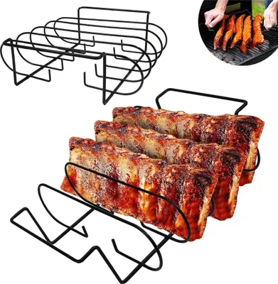 Zdjęcie produktu dla Stojak do żeber BBQ z powłoką nieprzywierającą, stojący, do grillowania steków, ze stali nierdzewnej, do kurczaka i żeber wołowych, czarny, do grillów gazowych i wędzarni, akcesoria do grillowania,