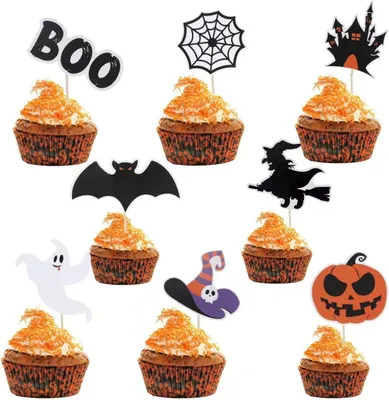 Produktbild von Halloween-Muffin-Dekoration – Set mit 48 Stück – Muffintopfer mit Zahnstochern