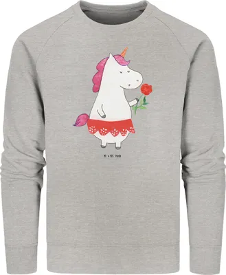 Produktbild von Mr. & Mrs. Panda Baumwoll Sweatshirt Einhorn Dame Größe S - Heather Grey - Geschenk, Unicorn, Einhörner, Bachelorette, Pulli, Sweater, Pullover, Bio-Pullover, Bio, Frau