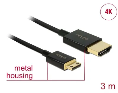 Produktbild von DeLOCK HDMI-A/HDMI Mini-C, 3 m, 3 m, HDMI Typ A (Standard), HDMI Type C (Mini), 3840 x 2160 Pixel, 3D, Schwarz