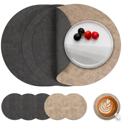 Immagine prodotto di Sottopiatti e sottobicchieri rotondi, fronte-retro - Set da 6 - Grigio/Beige