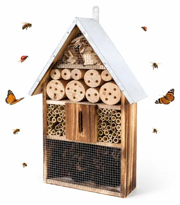 Productafbeelding van Relaxdays Insectenhotel, hout, met weerbestendig metalen dak, afmetingen: 48 x 31 x 10 cm, insectenhotel om op te hangen, gebrand