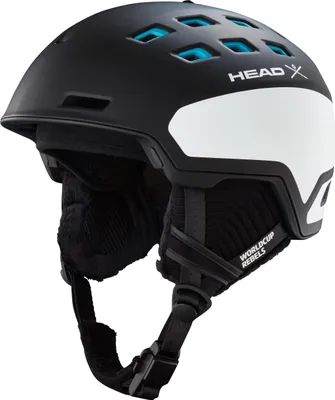 A black and white ski helmet with blue accents.
