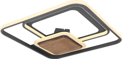 A modern ceiling light with a square design, featuring black and wood accents and integrated LED lighting.