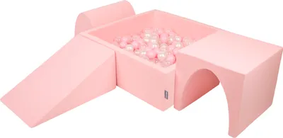Produktbild von KiddyMoon spielplatz aus schaumstoff mit quadrat bällebad (200 bälle) ballgruben für babys spielbad hindernisläufen, hergestellt in der eu, pink:puderrosa/perle/transparent