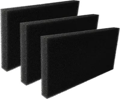 Three black foam filters are arranged in a staggered formation against a white background.