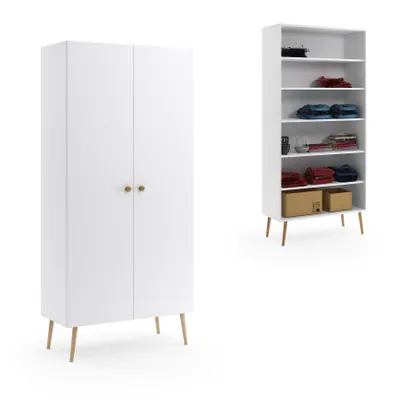 Produktbild von Kleiderschrank 87 cm Weiß mit Einlegeböden Holzbeine Boho Skandi Schrank modern
