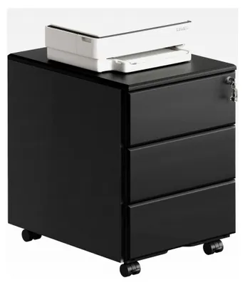 Produktbild von Rollcontainer aus Metall, mobiler Aktenschrank mit 3 Schubladen, abschließbar und verstellbar, vormontiert, für Büro und Home Office, Schwarz