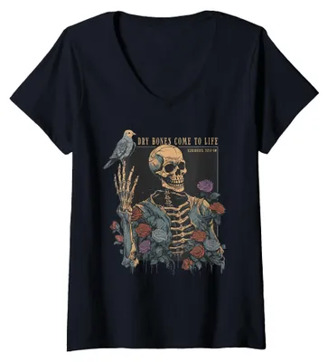 Productafbeelding van Damen, Gotisch, skelet, roos, duif, bijbelcitaat, Ezechiël 37, christelijk T-shirt met V-hals