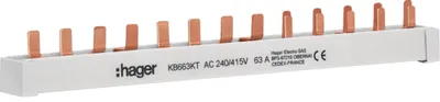 Productafbeelding van Hager 4-polige stift-fasenklemmenrail 63A, 10mm² en 13 TE voor 1 aardlekschakelaar 4-polig, 1 installatieschakelaar 3-polig+N en 5 installatieschakelaars 1-polig+N, lengte 249mm, 1 stuk.