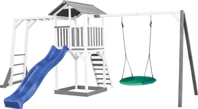 Produktbild von AXI Beach Tower Spielturm aus Holz in Weiß & Grau | Spielhaus für Kinder mit blauer Rutsche, Klettergerüst, Nestschaukel und Sandkasten | Stelzenhaus für den Garten