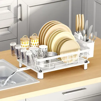 Immagine prodotto di Scolapiatti con vaschetta raccogli gocce - Portaoggetti da cucina - Organizzazione della cucina - Contenitori multifunzionali - 43 x 33 x 15 cm - Bianco