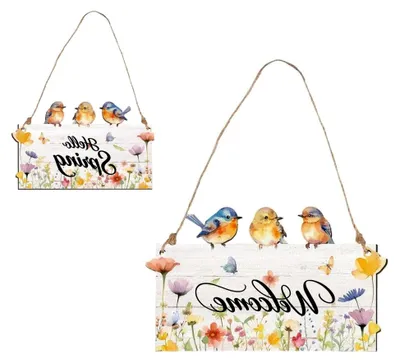 Produktbild von Willkommensschild - Beidseitig Bedrucktes Holzschild Mit Juteschnur, Frühlingsmotiv, Vintage Deko Für Haustür Und Garten