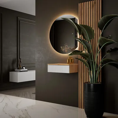 Produktbild von Planetmöbel AMYRA Garderoben Set 50 cm in Gold Eiche / Weiß, AUBE Spiegel & Akustikpaneel