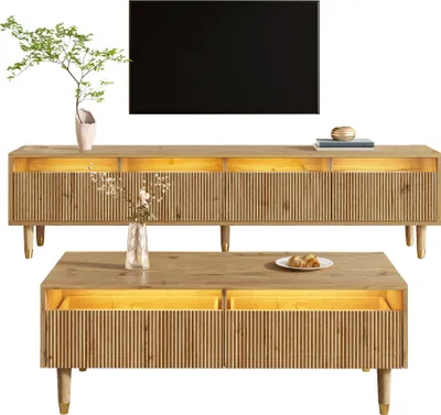 Imagen del producto de Conjunto moderno de muebles LED Sweiko: mueble de TV con 4 puertas y mesa de centro con 2 cajones – diseño en tonos madera y dorado, iluminación LED, textura ondulada y frente de acrílico para un estilo de vida elegante