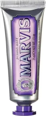 A close-up studio shot of a tube of Marvis Jasmin Mint toothpaste.