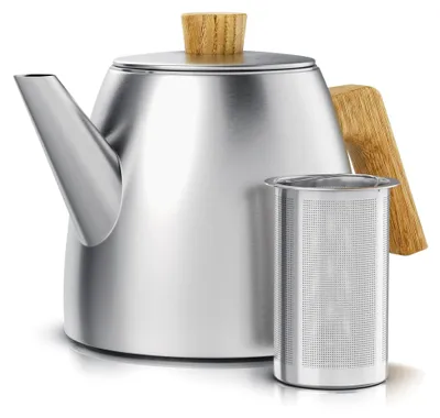 Produktbild von Teekanne Edelstahl mit Siebeinsatz – 1000 ml - mit Griffen aus Holz – Teekanne thermo doppelwandig - Silber