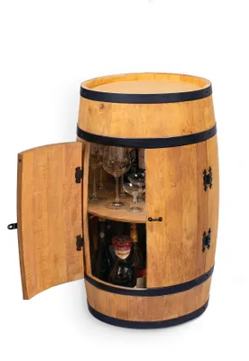 Zdjęcie produktu dla Creative Cooper  Stół barowy z drzwiami – szafka na alkohol, drewniany regał na butelki – drewniana beczka – meble z beczek – regał na wino – bar na whisky – beczka na wino z drzwiami – 80 cm (dąb)