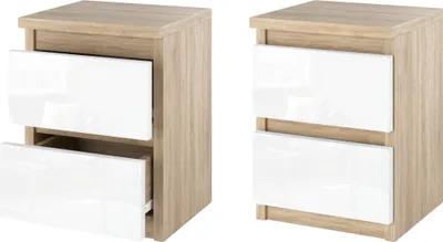 Image de Set de 2 tables de nuit Chêne Sonoma / Blanc brillant Table de nuit avec 2 tiroirs Commodes de nuit Design minimaliste Table de nuit H42,5cm L30cm P30,5