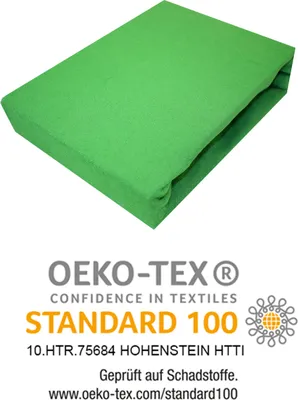 A green fitted sheet is shown from a slightly elevated angle, with the OEKO-TEX certification logo and text below.